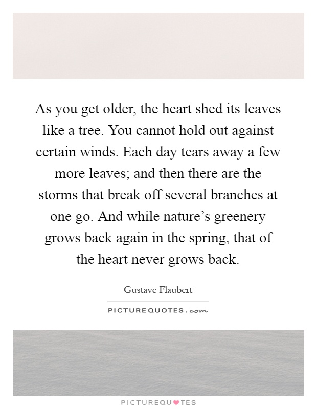 As you get older, the heart shed its leaves like a tree. You cannot hold out against certain winds. Each day tears away a few more leaves; and then there are the storms that break off several branches at one go. And while nature's greenery grows back again in the spring, that of the heart never grows back Picture Quote #1