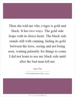 Then she told me why a tiger is gold and black. It has two ways. The gold side leaps with its fierce heart. The black side stands still with cunning, hiding its gold between the trees, seeing and not being seen, waiting patiently for things to come. I did not learn to use my black side until after the bad man left me Picture Quote #1