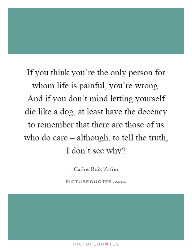 If you think you're the only person for whom life is painful, you're wrong. And if you don't mind letting yourself die like a dog, at least have the decency to remember that there are those of us who do care – although, to tell the truth, I don't see why? Picture Quote #1