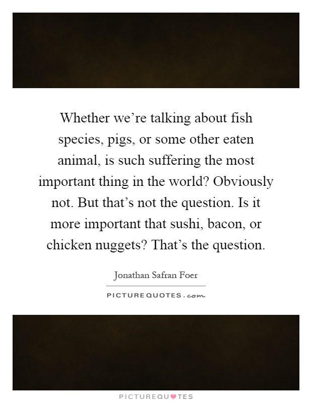 Whether we're talking about fish species, pigs, or some other eaten animal, is such suffering the most important thing in the world? Obviously not. But that's not the question. Is it more important that sushi, bacon, or chicken nuggets? That's the question Picture Quote #1