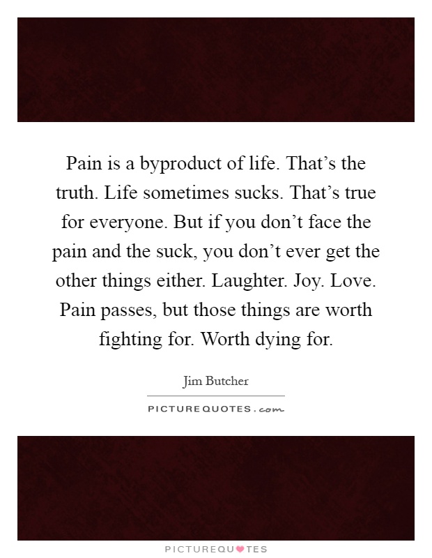 Pain is a byproduct of life. That's the truth. Life sometimes sucks. That's true for everyone. But if you don't face the pain and the suck, you don't ever get the other things either. Laughter. Joy. Love. Pain passes, but those things are worth fighting for. Worth dying for Picture Quote #1
