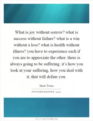 What is joy without sorrow? what is success without failure? what is a win without a loss? what is health without illness? you have to experience each if you are to appreciate the other. there is always going to be suffering. it’s how you look at your suffering, how you deal with it, that will define you Picture Quote #1