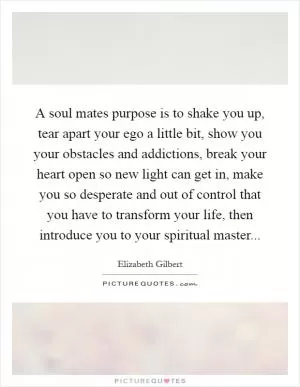 A soul mates purpose is to shake you up, tear apart your ego a little bit, show you your obstacles and addictions, break your heart open so new light can get in, make you so desperate and out of control that you have to transform your life, then introduce you to your spiritual master Picture Quote #1