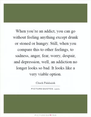 When you’re an addict, you can go without feeling anything except drunk or stoned or hungry. Still, when you compare this to other feelings, to sadness, anger, fear, worry, despair, and depression, well, an addiction no longer looks so bad. It looks like a very viable option Picture Quote #1