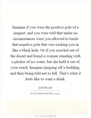 Imagine if you were the positive pole of a magnet, and you were told that under no circumstances were you allowed to touch that negative pole that was sucking you in like a black hole. Or if you crawled out of the desert and found a woman standing with a pitcher of ice water, but she held it out of your reach. Imagine jumping off a building, and then being told not to fall. That’s what it feels like to want a drink Picture Quote #1