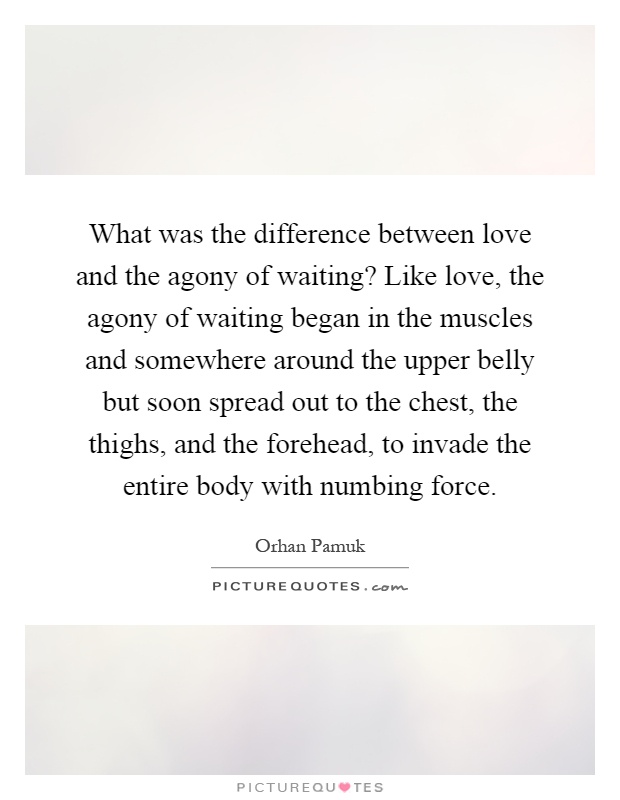 What was the difference between love and the agony of waiting? Like love, the agony of waiting began in the muscles and somewhere around the upper belly but soon spread out to the chest, the thighs, and the forehead, to invade the entire body with numbing force Picture Quote #1