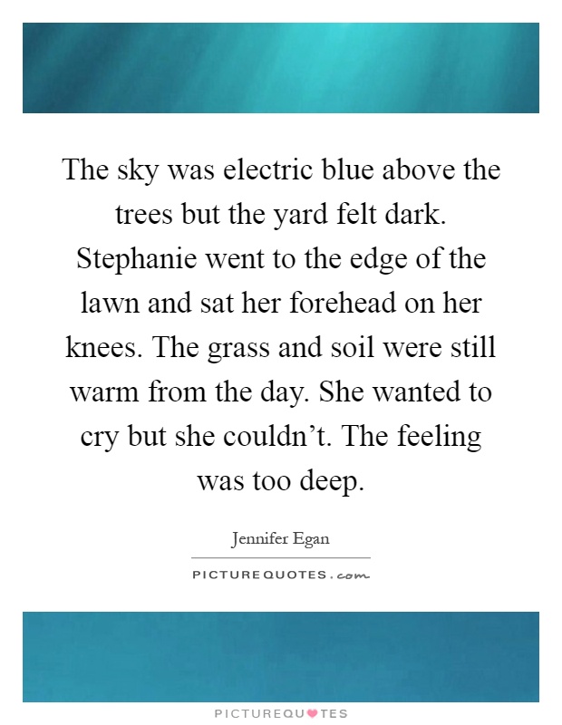 The sky was electric blue above the trees but the yard felt dark. Stephanie went to the edge of the lawn and sat her forehead on her knees. The grass and soil were still warm from the day. She wanted to cry but she couldn't. The feeling was too deep Picture Quote #1