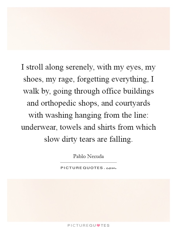 I stroll along serenely, with my eyes, my shoes, my rage, forgetting everything, I walk by, going through office buildings and orthopedic shops, and courtyards with washing hanging from the line: underwear, towels and shirts from which slow dirty tears are falling Picture Quote #1
