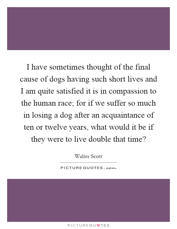 I have sometimes thought of the final cause of dogs having such short lives and I am quite satisfied it is in compassion to the human race; for if we suffer so much in losing a dog after an acquaintance of ten or twelve years, what would it be if they were to live double that time? Picture Quote #1