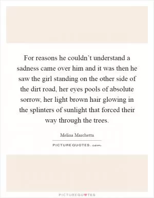 For reasons he couldn’t understand a sadness came over him and it was then he saw the girl standing on the other side of the dirt road, her eyes pools of absolute sorrow, her light brown hair glowing in the splinters of sunlight that forced their way through the trees Picture Quote #1