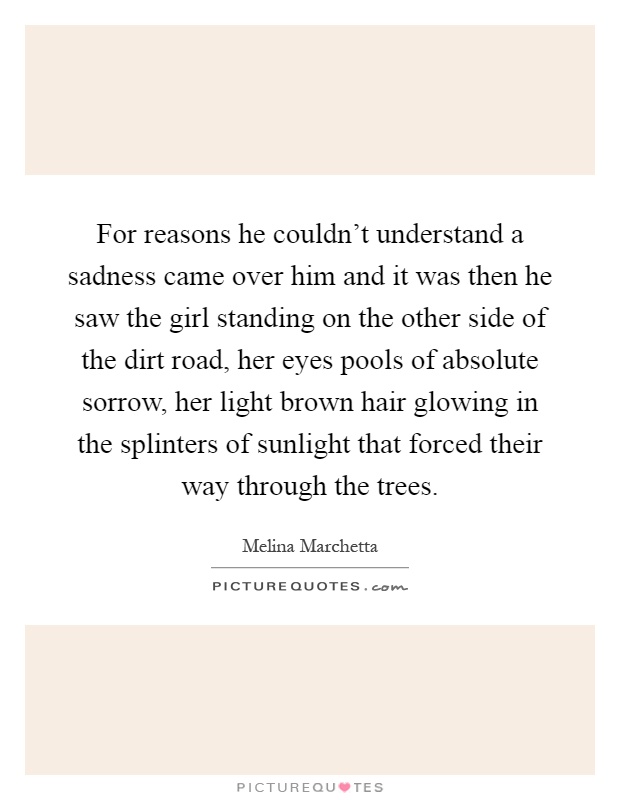 For reasons he couldn't understand a sadness came over him and it was then he saw the girl standing on the other side of the dirt road, her eyes pools of absolute sorrow, her light brown hair glowing in the splinters of sunlight that forced their way through the trees Picture Quote #1