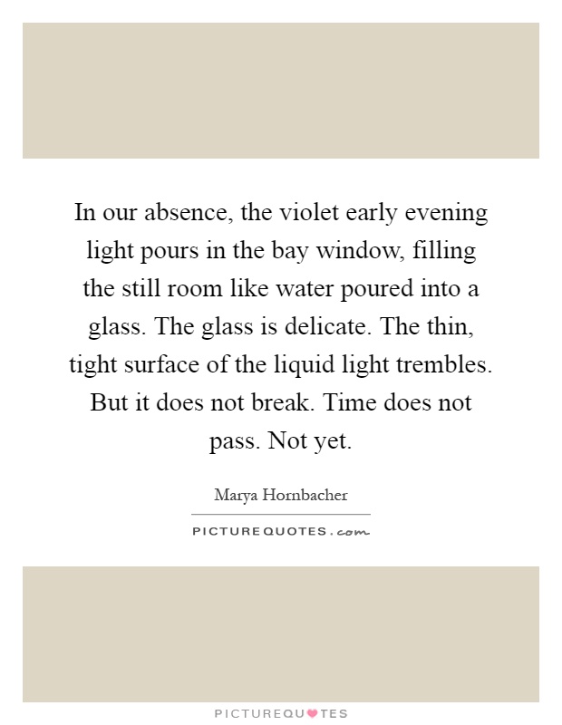 In our absence, the violet early evening light pours in the bay window, filling the still room like water poured into a glass. The glass is delicate. The thin, tight surface of the liquid light trembles. But it does not break. Time does not pass. Not yet Picture Quote #1