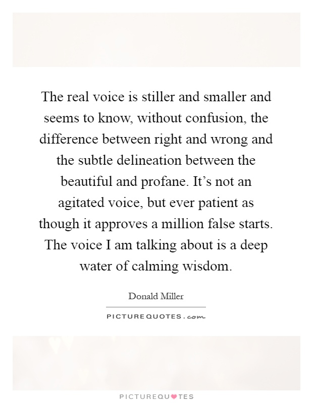 The real voice is stiller and smaller and seems to know, without confusion, the difference between right and wrong and the subtle delineation between the beautiful and profane. It's not an agitated voice, but ever patient as though it approves a million false starts. The voice I am talking about is a deep water of calming wisdom Picture Quote #1