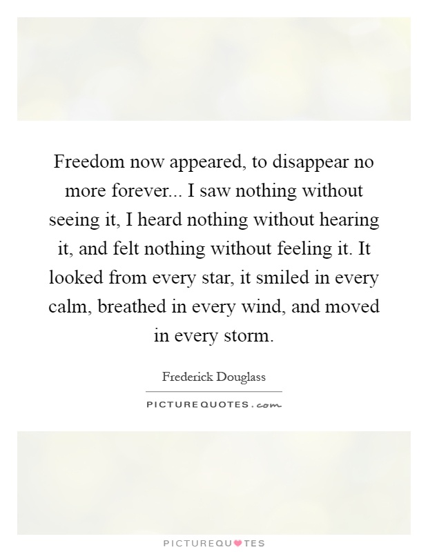 Freedom now appeared, to disappear no more forever... I saw nothing without seeing it, I heard nothing without hearing it, and felt nothing without feeling it. It looked from every star, it smiled in every calm, breathed in every wind, and moved in every storm Picture Quote #1