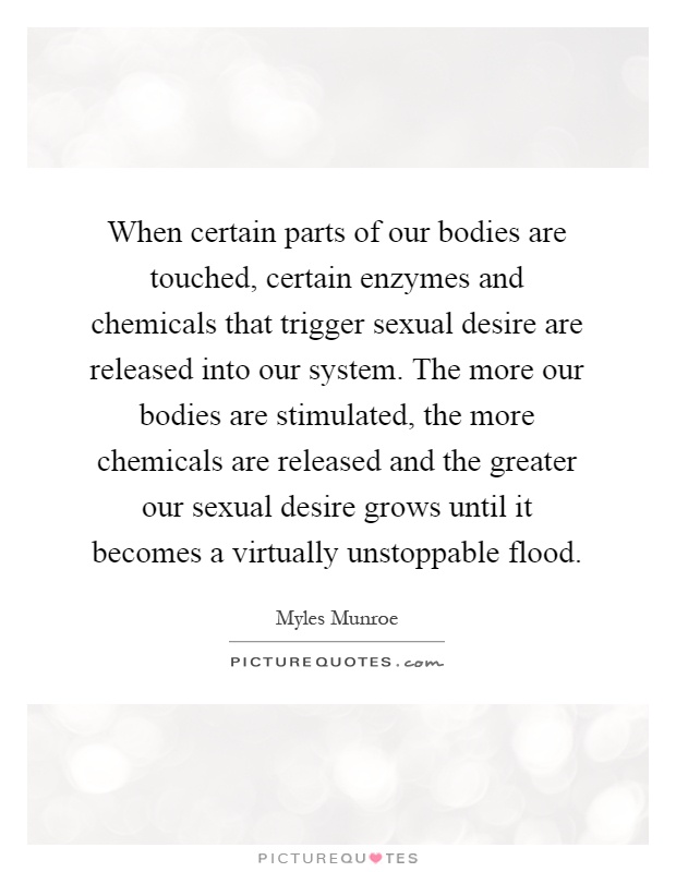 When certain parts of our bodies are touched, certain enzymes and chemicals that trigger sexual desire are released into our system. The more our bodies are stimulated, the more chemicals are released and the greater our sexual desire grows until it becomes a virtually unstoppable flood Picture Quote #1