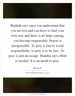 Buddah says once you understand that you are lost and you have to find your own way and there is no help coming, you become responsible. Prayer is irresponsible. To pray is just to avoid responsibility, to pray is to be lazy. To pray is just an escape. Buddha says effort is needed. It is an insult to pray Picture Quote #1