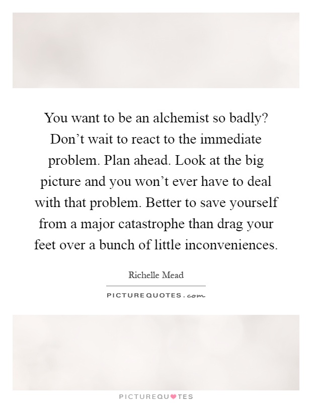 You want to be an alchemist so badly? Don't wait to react to the immediate problem. Plan ahead. Look at the big picture and you won't ever have to deal with that problem. Better to save yourself from a major catastrophe than drag your feet over a bunch of little inconveniences Picture Quote #1