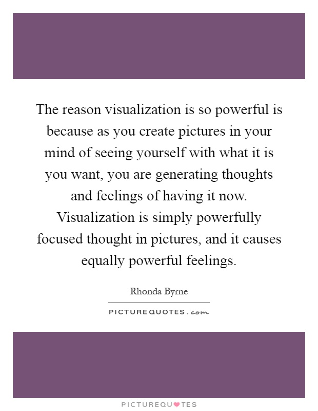 The reason visualization is so powerful is because as you create pictures in your mind of seeing yourself with what it is you want, you are generating thoughts and feelings of having it now. Visualization is simply powerfully focused thought in pictures, and it causes equally powerful feelings Picture Quote #1