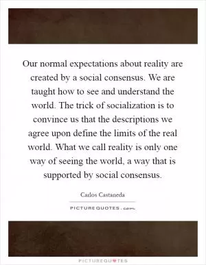 Our normal expectations about reality are created by a social consensus. We are taught how to see and understand the world. The trick of socialization is to convince us that the descriptions we agree upon define the limits of the real world. What we call reality is only one way of seeing the world, a way that is supported by social consensus Picture Quote #1