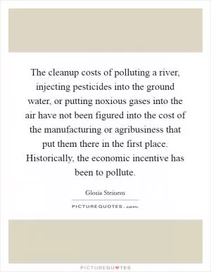 The cleanup costs of polluting a river, injecting pesticides into the ground water, or putting noxious gases into the air have not been figured into the cost of the manufacturing or agribusiness that put them there in the first place. Historically, the economic incentive has been to pollute Picture Quote #1