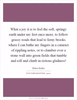 What a joy it is to feel the soft, springy earth under my feet once more, to follow grassy roads that lead to ferny brooks where I can bathe my fingers in a cataract of rippling notes, or to clamber over a stone wall into green fields that tumble and roll and climb in riotous gladness! Picture Quote #1