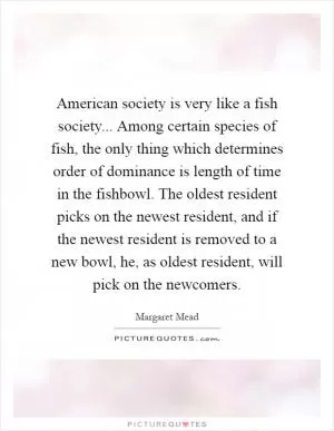 American society is very like a fish society... Among certain species of fish, the only thing which determines order of dominance is length of time in the fishbowl. The oldest resident picks on the newest resident, and if the newest resident is removed to a new bowl, he, as oldest resident, will pick on the newcomers Picture Quote #1