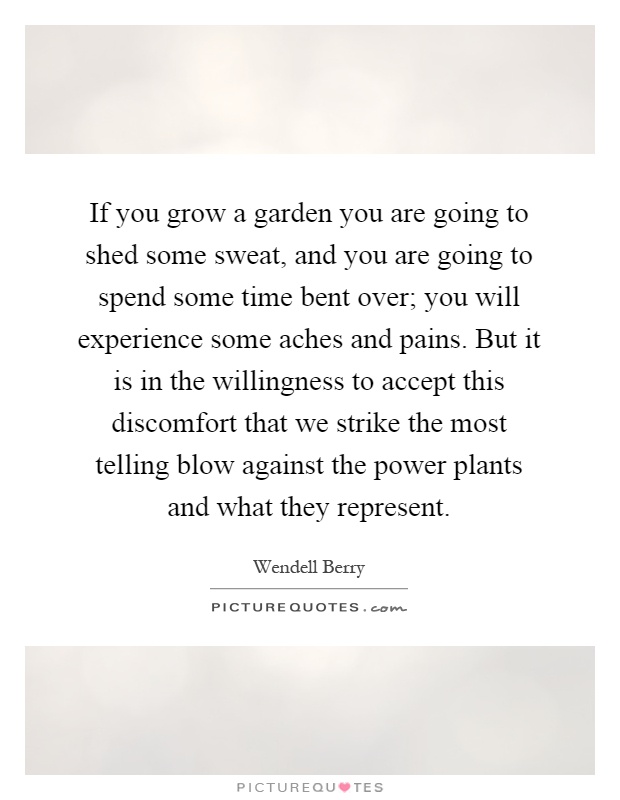 If you grow a garden you are going to shed some sweat, and you are going to spend some time bent over; you will experience some aches and pains. But it is in the willingness to accept this discomfort that we strike the most telling blow against the power plants and what they represent Picture Quote #1