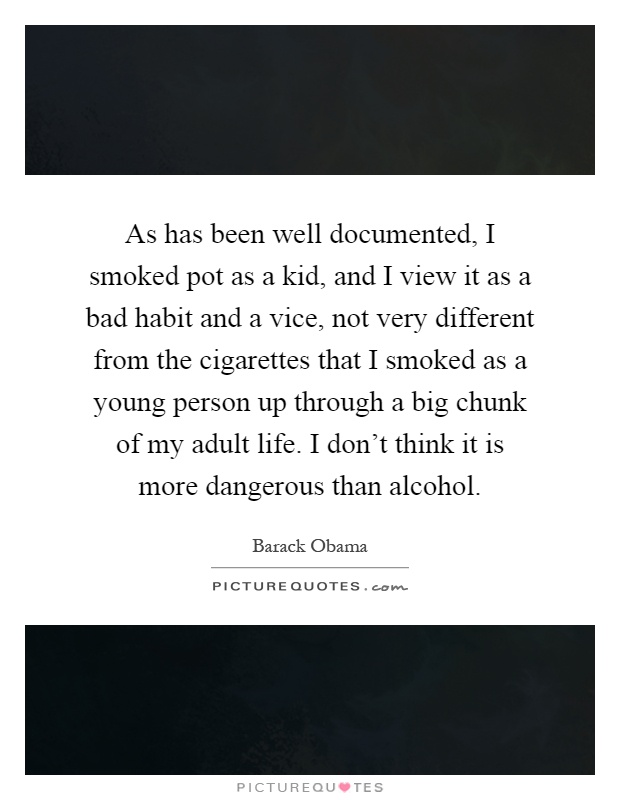 As has been well documented, I smoked pot as a kid, and I view it as a bad habit and a vice, not very different from the cigarettes that I smoked as a young person up through a big chunk of my adult life. I don't think it is more dangerous than alcohol Picture Quote #1