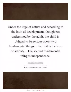 Under the urge of nature and according to the laws of development, though not understood by the adult, the child is obliged to be serious about two fundamental things... the first is the love of activity... The second fundamental thing is independence Picture Quote #1