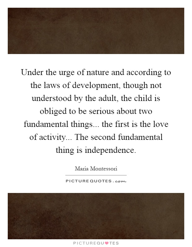 Under the urge of nature and according to the laws of development, though not understood by the adult, the child is obliged to be serious about two fundamental things... the first is the love of activity... The second fundamental thing is independence Picture Quote #1