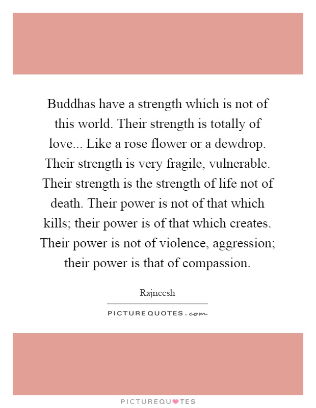 Buddhas have a strength which is not of this world. Their strength is totally of love... Like a rose flower or a dewdrop. Their strength is very fragile, vulnerable. Their strength is the strength of life not of death. Their power is not of that which kills; their power is of that which creates. Their power is not of violence, aggression; their power is that of compassion Picture Quote #1
