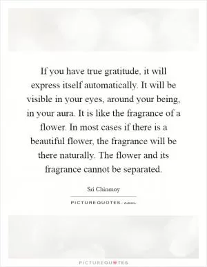 If you have true gratitude, it will express itself automatically. It will be visible in your eyes, around your being, in your aura. It is like the fragrance of a flower. In most cases if there is a beautiful flower, the fragrance will be there naturally. The flower and its fragrance cannot be separated Picture Quote #1