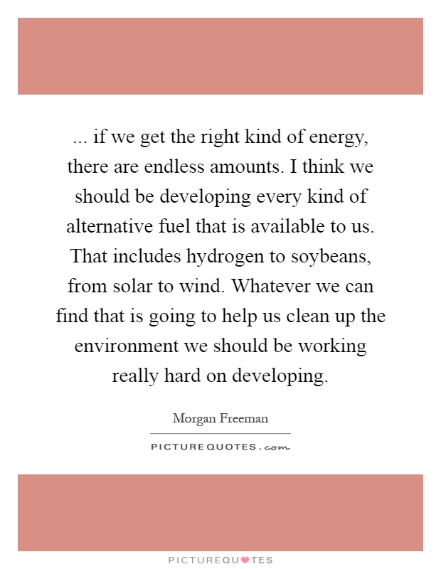 ... if we get the right kind of energy, there are endless amounts. I think we should be developing every kind of alternative fuel that is available to us. That includes hydrogen to soybeans, from solar to wind. Whatever we can find that is going to help us clean up the environment we should be working really hard on developing Picture Quote #1