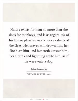 Nature exists for man no more than she does for monkeys, and is as regardless of his life or pleasure or success as she is of the fleas. Her waves will drown him, her fire burn him, and her earth devour him, her storms and lightning smite him, as if he were only a dog Picture Quote #1