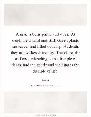 A man is born gentle and weak. At death, he is hard and stiff. Green plants are tender and filled with sap. At death, they are withered and dry. Therefore, the stiff and unbending is the disciple of death, and the gentle and yielding is the disciple of life Picture Quote #1