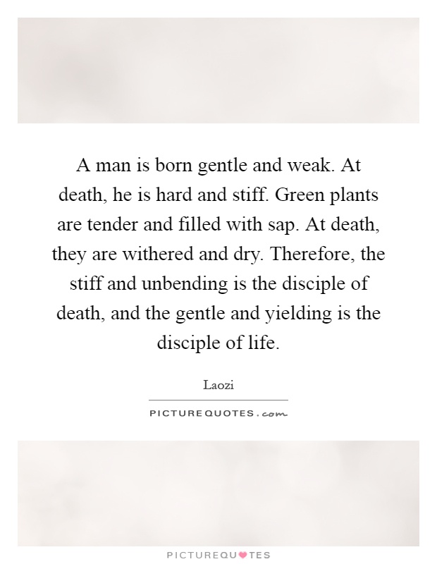 A man is born gentle and weak. At death, he is hard and stiff. Green plants are tender and filled with sap. At death, they are withered and dry. Therefore, the stiff and unbending is the disciple of death, and the gentle and yielding is the disciple of life Picture Quote #1
