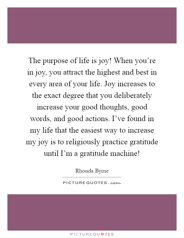 The purpose of life is joy! When you're in joy, you attract the highest and best in every area of your life. Joy increases to the exact degree that you deliberately increase your good thoughts, good words, and good actions. I've found in my life that the easiest way to increase my joy is to religiously practice gratitude until I'm a gratitude machine! Picture Quote #1