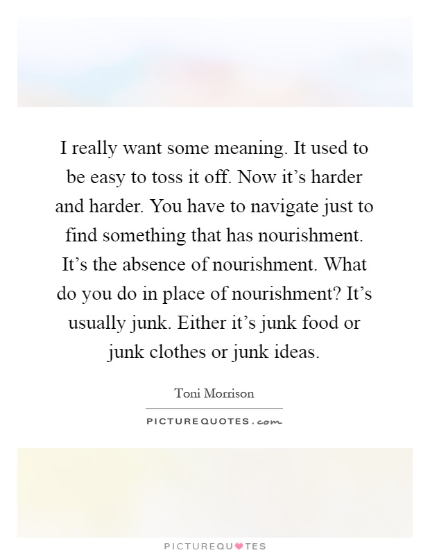 I really want some meaning. It used to be easy to toss it off. Now it's harder and harder. You have to navigate just to find something that has nourishment. It's the absence of nourishment. What do you do in place of nourishment? It's usually junk. Either it's junk food or junk clothes or junk ideas Picture Quote #1
