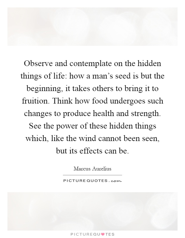 Observe and contemplate on the hidden things of life: how a man's seed is but the beginning, it takes others to bring it to fruition. Think how food undergoes such changes to produce health and strength. See the power of these hidden things which, like the wind cannot been seen, but its effects can be Picture Quote #1