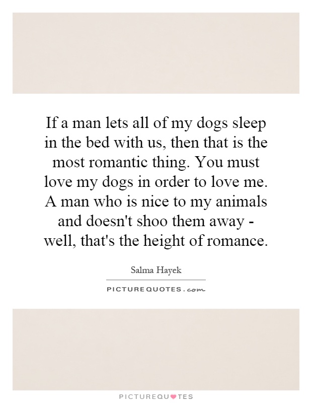 If a man lets all of my dogs sleep in the bed with us, then that is the most romantic thing. You must love my dogs in order to love me. A man who is nice to my animals and doesn't shoo them away - well, that's the height of romance Picture Quote #1