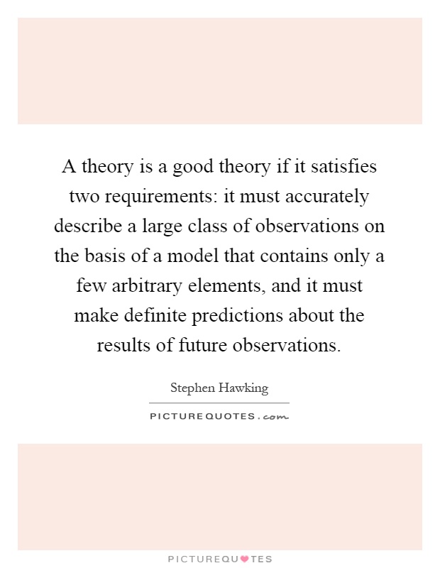 A theory is a good theory if it satisfies two requirements: it must accurately describe a large class of observations on the basis of a model that contains only a few arbitrary elements, and it must make definite predictions about the results of future observations Picture Quote #1