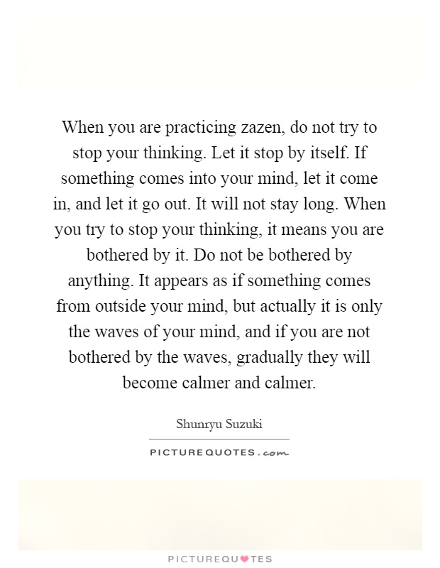 When you are practicing zazen, do not try to stop your thinking. Let it stop by itself. If something comes into your mind, let it come in, and let it go out. It will not stay long. When you try to stop your thinking, it means you are bothered by it. Do not be bothered by anything. It appears as if something comes from outside your mind, but actually it is only the waves of your mind, and if you are not bothered by the waves, gradually they will become calmer and calmer Picture Quote #1