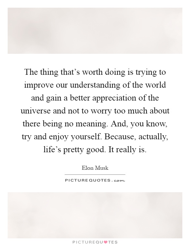 The thing that's worth doing is trying to improve our understanding of the world and gain a better appreciation of the universe and not to worry too much about there being no meaning. And, you know, try and enjoy yourself. Because, actually, life's pretty good. It really is Picture Quote #1
