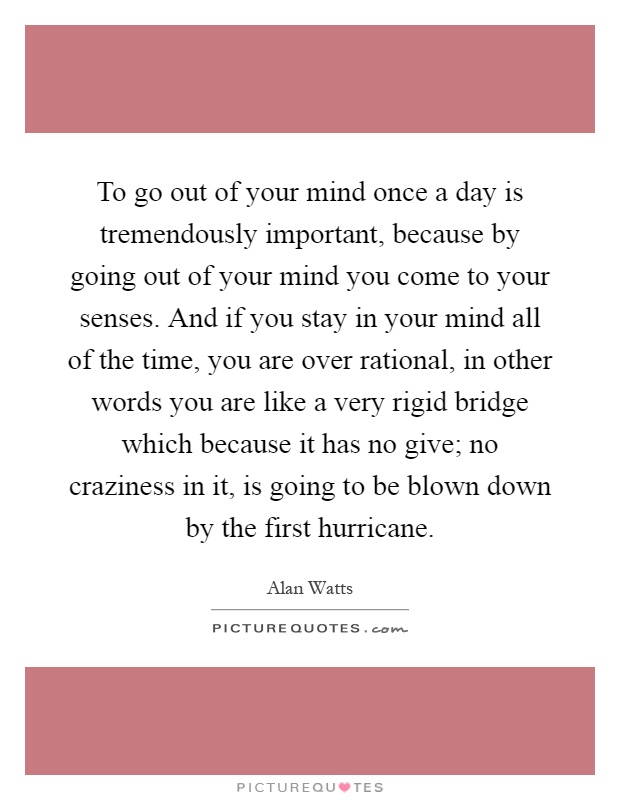 To go out of your mind once a day is tremendously important, because by going out of your mind you come to your senses. And if you stay in your mind all of the time, you are over rational, in other words you are like a very rigid bridge which because it has no give; no craziness in it, is going to be blown down by the first hurricane Picture Quote #1