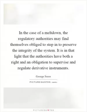 In the case of a meltdown, the regulatory authorities may find themselves obliged to step in to preserve the integrity of the system. It is in that light that the authorities have both a right and an obligation to supervise and regulate derivative instruments Picture Quote #1
