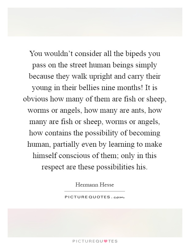 You wouldn't consider all the bipeds you pass on the street human beings simply because they walk upright and carry their young in their bellies nine months! It is obvious how many of them are fish or sheep, worms or angels, how many are ants, how many are fish or sheep, worms or angels, how contains the possibility of becoming human, partially even by learning to make himself conscious of them; only in this respect are these possibilities his Picture Quote #1