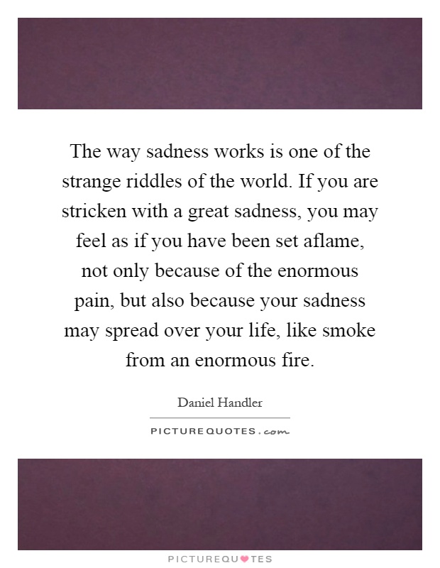 The way sadness works is one of the strange riddles of the world. If you are stricken with a great sadness, you may feel as if you have been set aflame, not only because of the enormous pain, but also because your sadness may spread over your life, like smoke from an enormous fire Picture Quote #1