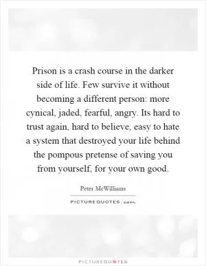 Prison is a crash course in the darker side of life. Few survive it without becoming a different person: more cynical, jaded, fearful, angry. Its hard to trust again, hard to believe, easy to hate a system that destroyed your life behind the pompous pretense of saving you from yourself, for your own good Picture Quote #1