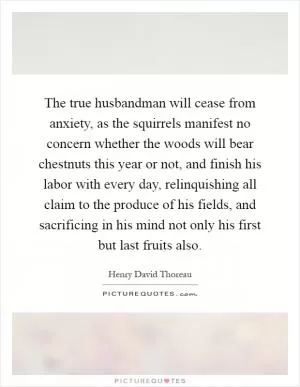 The true husbandman will cease from anxiety, as the squirrels manifest no concern whether the woods will bear chestnuts this year or not, and finish his labor with every day, relinquishing all claim to the produce of his fields, and sacrificing in his mind not only his first but last fruits also Picture Quote #1