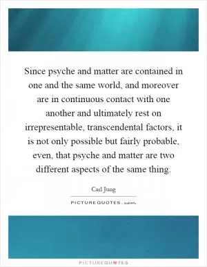 Since psyche and matter are contained in one and the same world, and moreover are in continuous contact with one another and ultimately rest on irrepresentable, transcendental factors, it is not only possible but fairly probable, even, that psyche and matter are two different aspects of the same thing Picture Quote #1